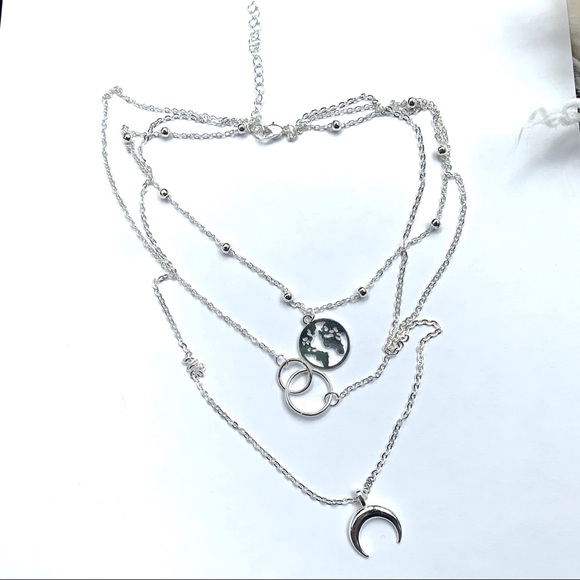 Silver Triple Layer Earth Ring Moon Necklace - Picture 4 of 4
